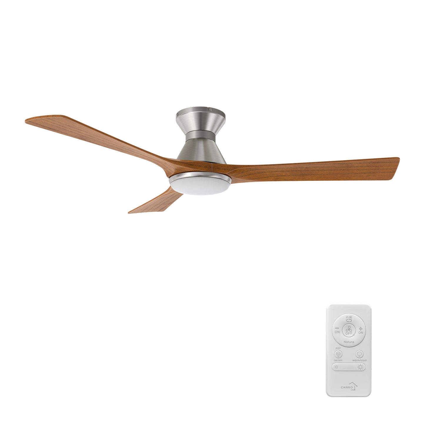 ROYCE 52 inch 3-Blade Flush Mount Ceiling Fan with LED Light Kit & Remote Control - Silver/Antique Walnut Solid Wood Blades