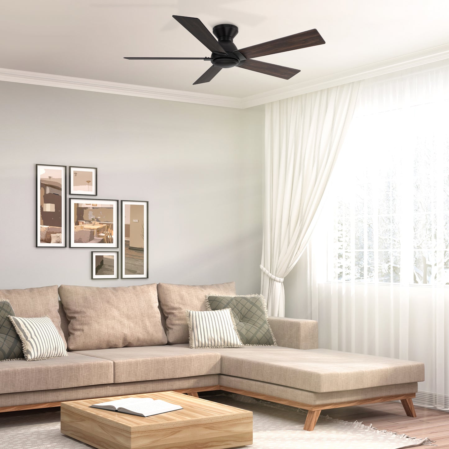 Wynston 52 inch 5-Blade Flush Mount Ceiling Fan with Remote Control - Black/Walnut & Black Reversible Blades (No Light)