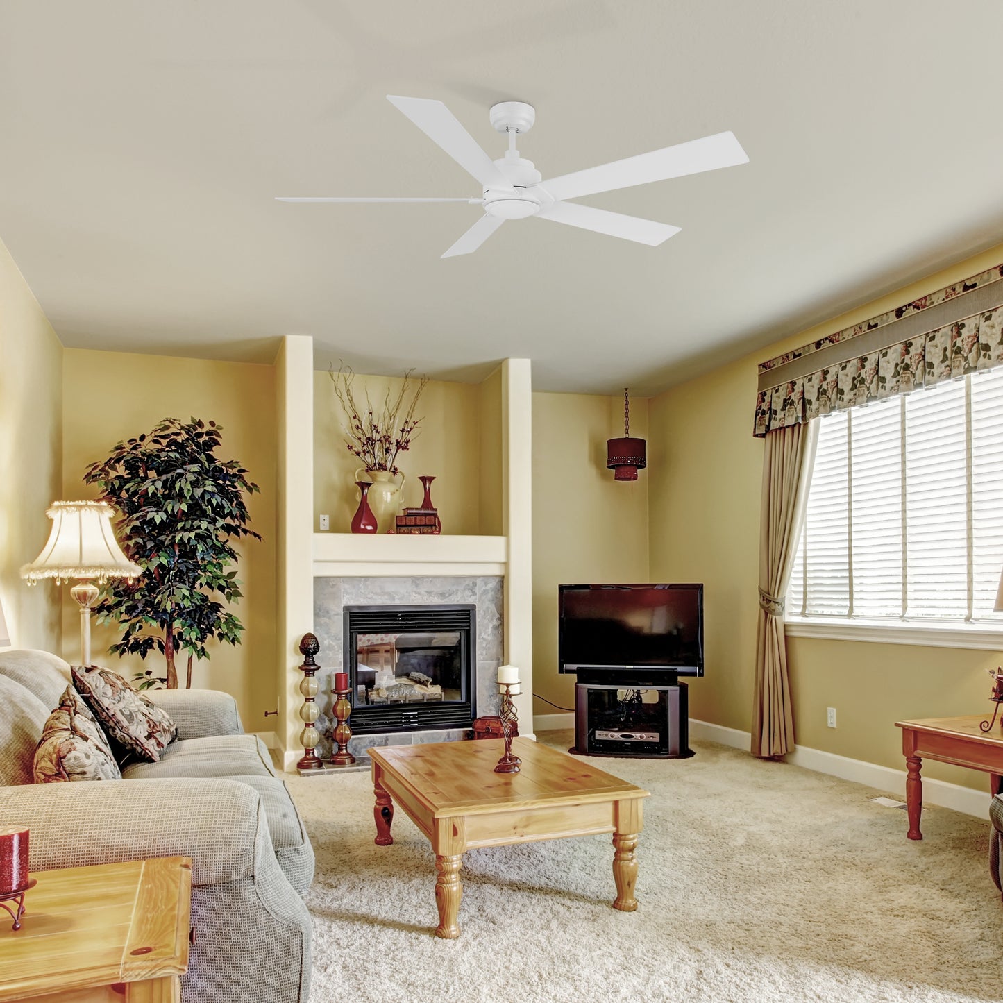 Lurgan 60 inch 5-Blade Ceiling Fan with Remote - White/Light Wood & White Reversible Blades (No Light)