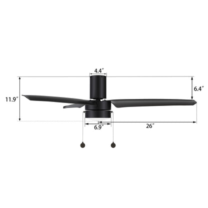 Carro USA REXTON 52 inch 3-Blade Flush Mount Ceiling Fan with Pull Chain - Black/Black