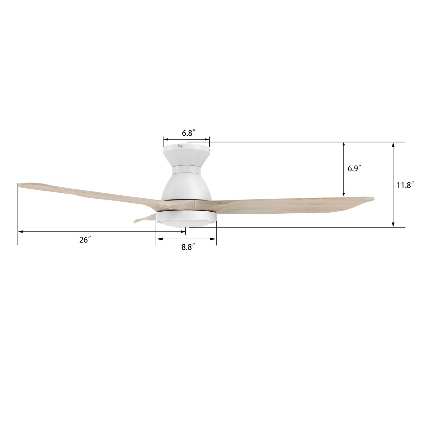 ROYCE 52 inch 3-Blade Flush Mount Ceiling Fan with LED Light Kit & Remote Control - White/Whitewashed Solid Wood Blades