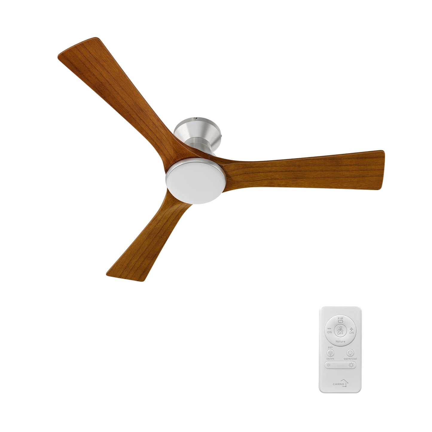 ROYCE 52 inch 3-Blade Flush Mount Ceiling Fan with LED Light Kit & Remote Control - Silver/Antique Walnut Solid Wood Blades