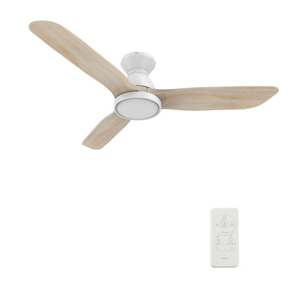 ROYCE 52 inch 3-Blade Flush Mount Ceiling Fan with LED Light Kit & Remote Control - White/Whitewashed Solid Wood Blades