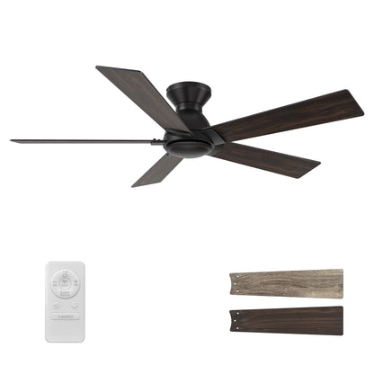 Wynston 52 inch 5-Blade Flush Mount Ceiling Fan with Remote Control - Black/Walnut & Black Reversible Blades (No Light)