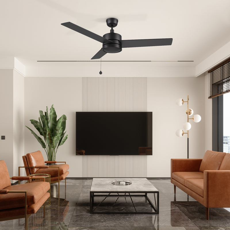 ASCOTT 52 inch 3-Blade Ceiling Fan with Pull Chain - Black/Black (No Light)