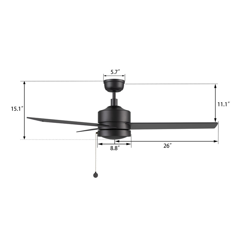 ASCOTT 52 inch 3-Blade Ceiling Fan with Pull Chain - Black/Black (No Light)