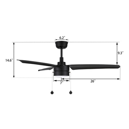 Carro USA REXTON 52 inch 3-Blade Ceiling Fan with Pull Chain - Black/Black