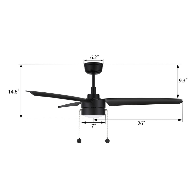 Carro USA REXTON 52 inch 3-Blade Ceiling Fan with Pull Chain - Black/Black