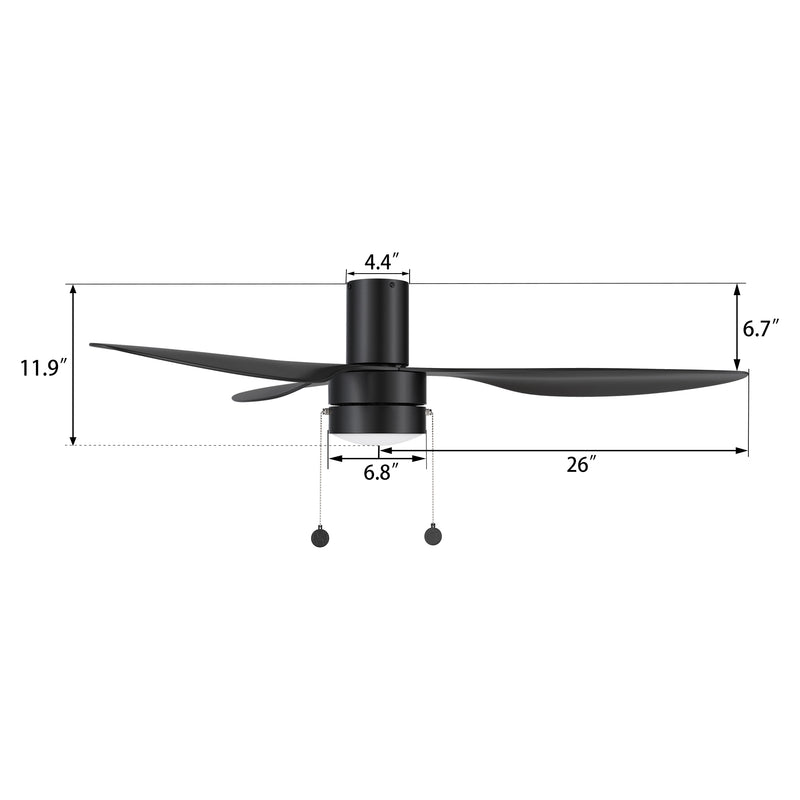 Carro USA HAVEN 52 inch 3-Blade Flush Mount Ceiling Fan with Pull Chain - Black/Black