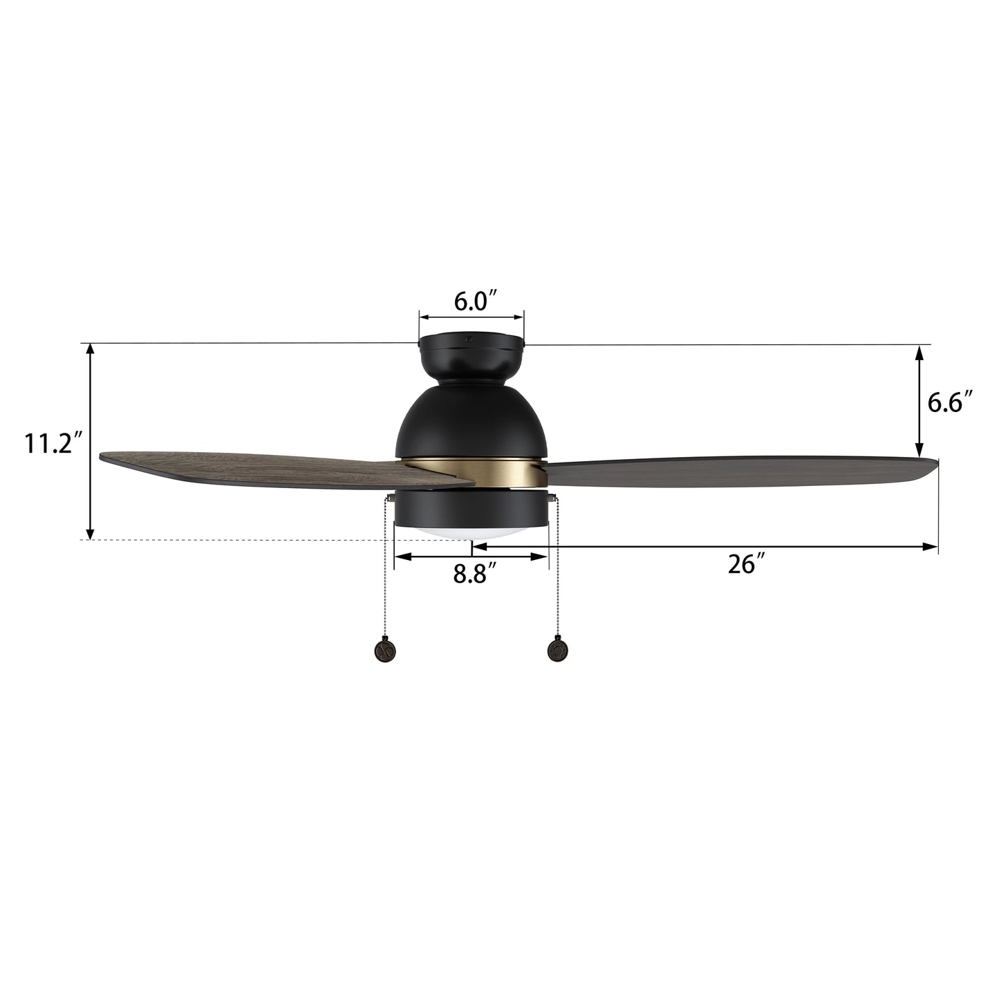 GREENWOOD 52 inch 3-Blade Flush Mount Ceiling Fan with Pull Chain - Black/Barnwood & Walnut (Reversible Blades) with Gold Detail