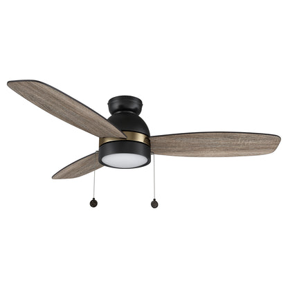 GREENWOOD 52 inch 3-Blade Flush Mount Ceiling Fan with Pull Chain - Black/Barnwood & Walnut (Reversible Blades) with Gold Detail