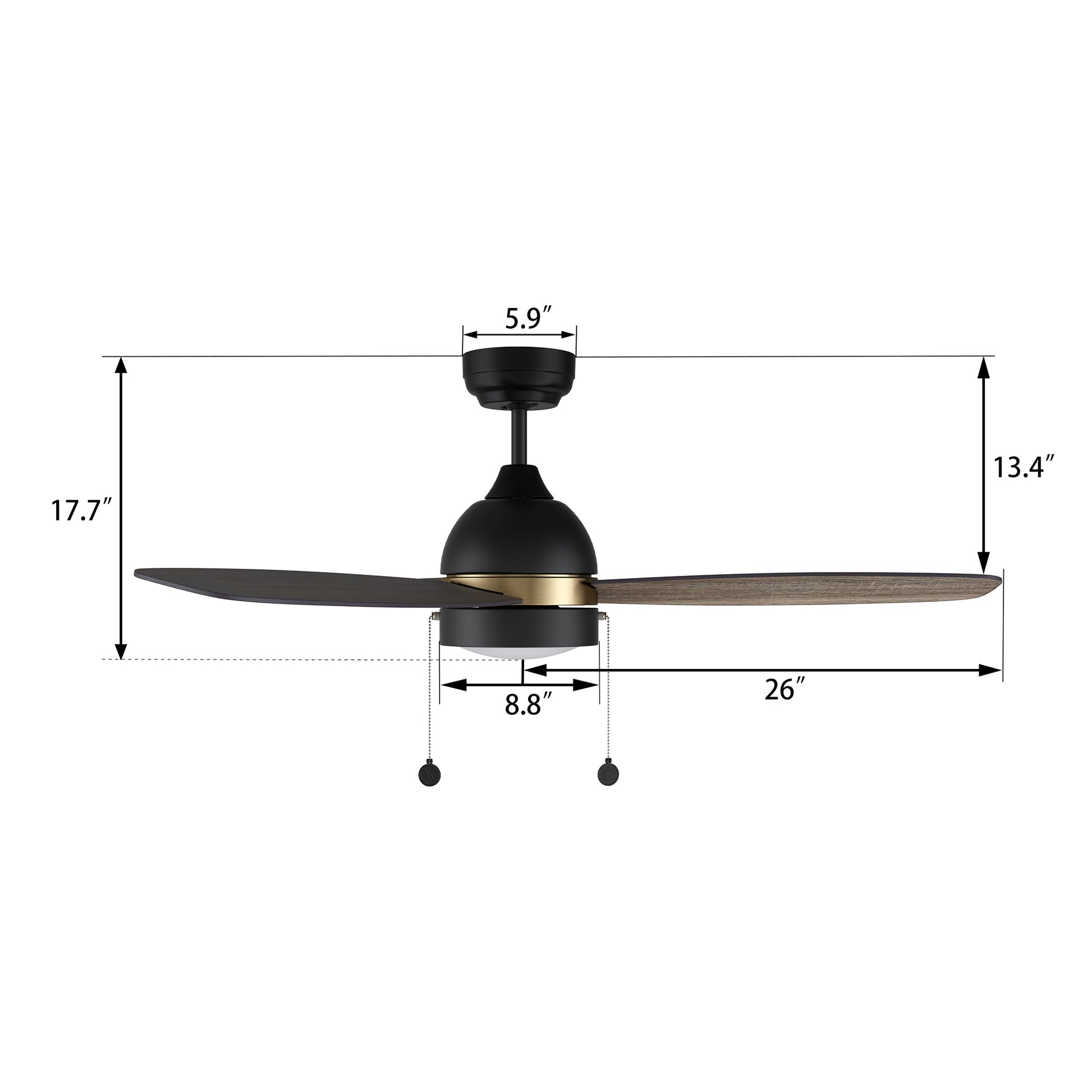 Carro USA GREENWOOD 52 inch 3-Blade Ceiling Fan with Pull Chain - Black with Gold Detail/Walnut & Barnwood Reversible Blades