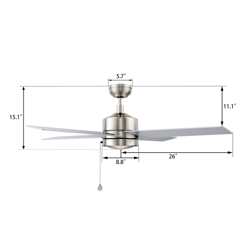 ASCOTT 52 inch 4-Blade Ceiling Fan with Pull Chain - Silver/Silver (No light)