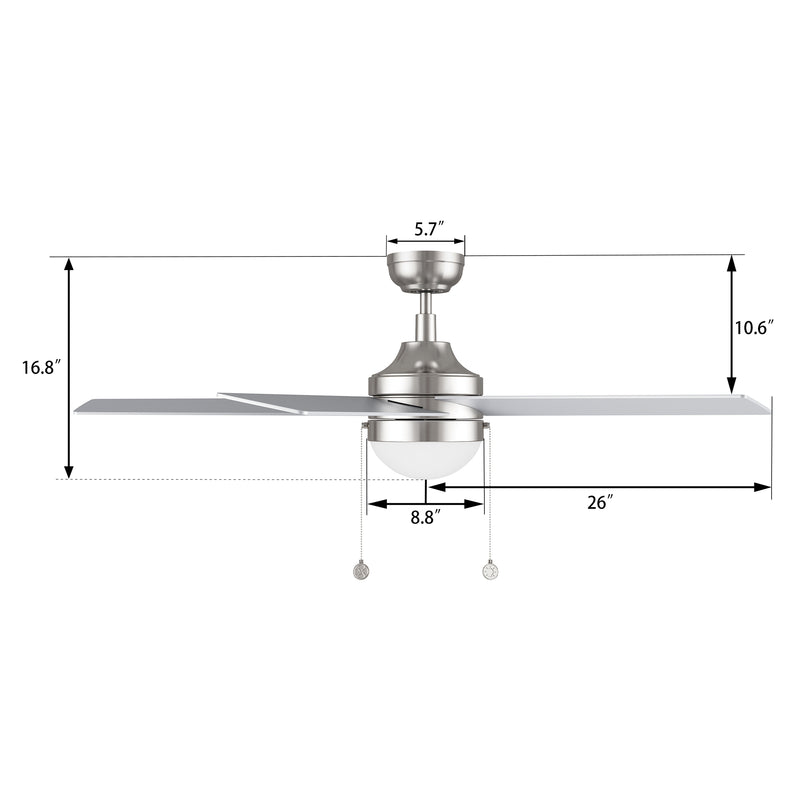 MALTA 52 inch 3-Blade Ceiling Fan with Pull Chain - Brushed Nickel/Silver