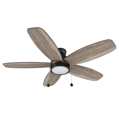 GREENWOOD 52 inch 5-Blade Flush Mound Ceiling Fan with Pull Chain - Black/Wooden/Walnut (Gold Finish)