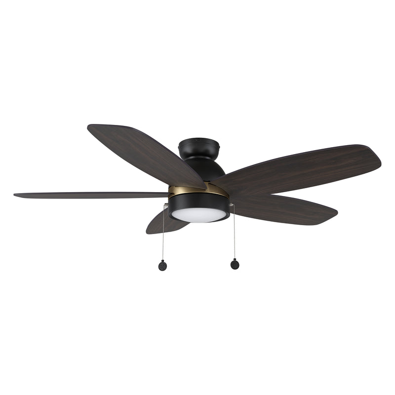 GREENWOOD 52 inch 5-Blade Flush Mound Ceiling Fan with Pull Chain - Black/Wooden/Walnut (Gold Finish)