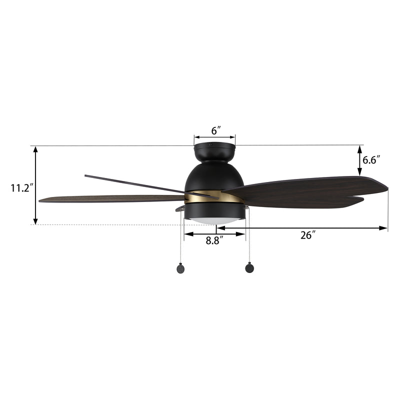 GREENWOOD 52 inch 5-Blade Flush Mound Ceiling Fan with Pull Chain - Black/Wooden/Walnut (Gold Finish)