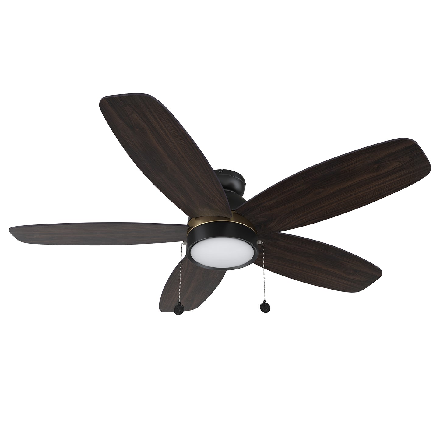 GREENWOOD 52 inch 5-Blade Flush Mound Ceiling Fan with Pull Chain - Black/Wooden/Walnut (Gold Finish)