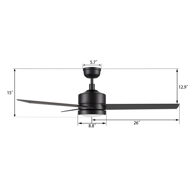 ROSHI 52 inch 3-Blade Ceiling Fan with Wall Control - Black/Walnut Plywood (Reversible Blades)