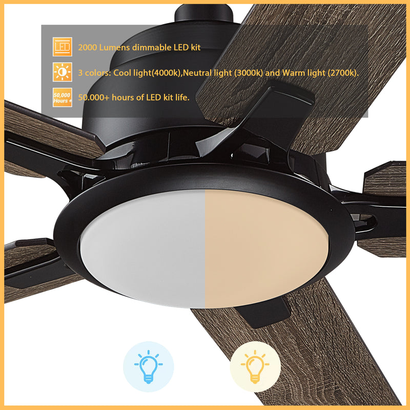 ESPEAR 52 inch 5-Blade Smart Ceiling Fan with LED Light Kit & Remote - Black/Dark & Light Wood (Reversible Blades)