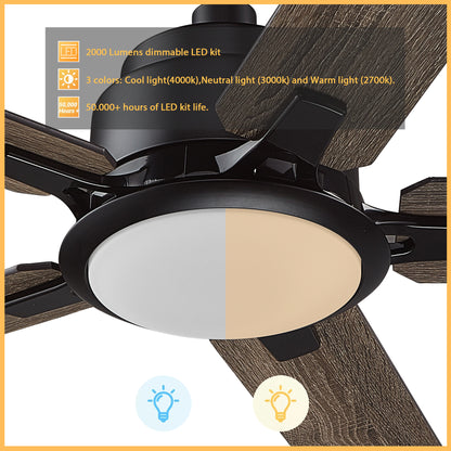 ESPEAR 56 inch 5-Blade Smart Ceiling Fan with LED Light Kit & Remote - Black/Wood Grain Pattern (Reversible Blades)