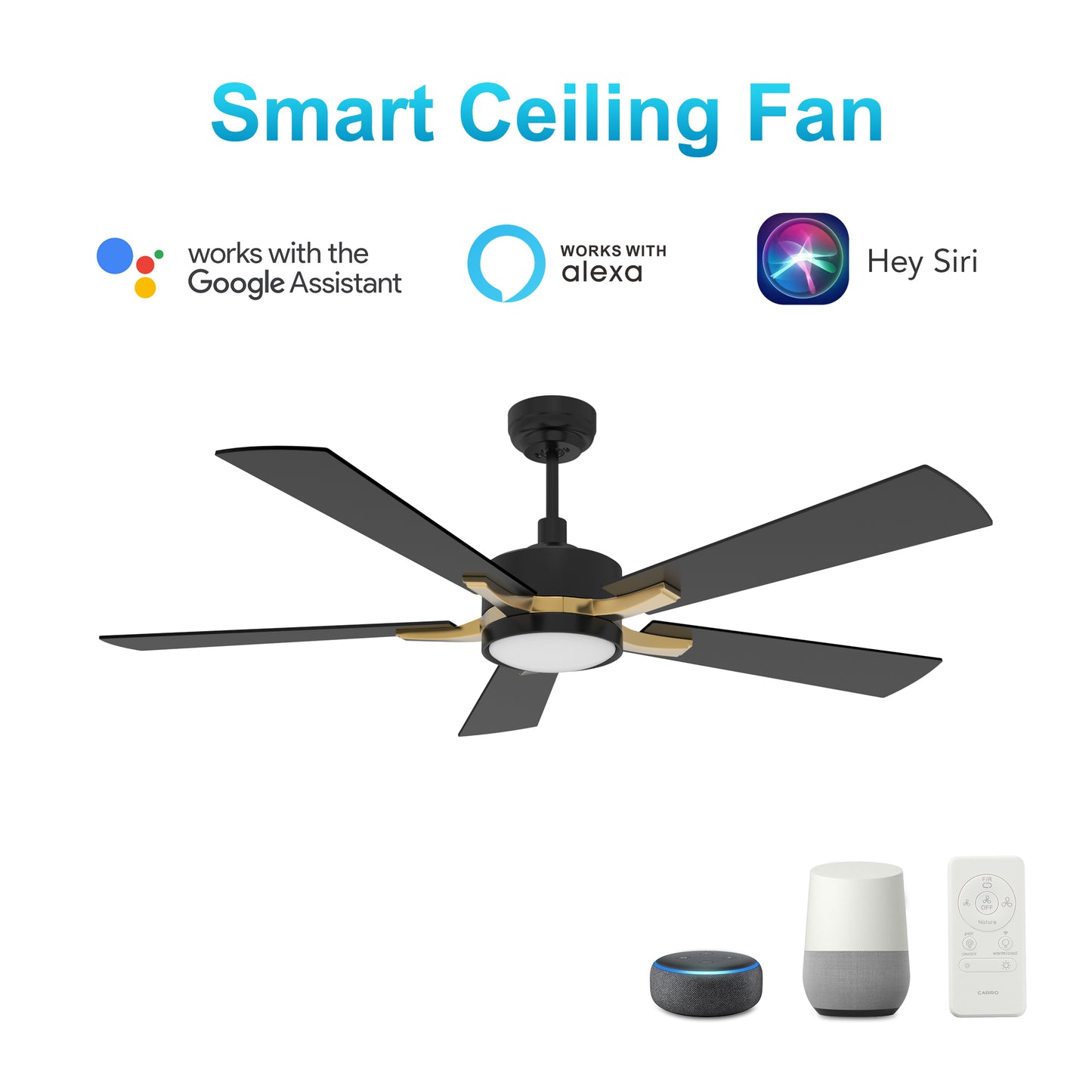 APPLETON 56 inch 5-Blade Smart Ceiling Fan with LED Light Kit & Remote Control- Black/Black (Gold Detail)