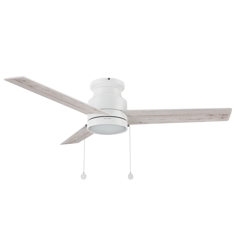 ASCOTT 52 inch 3-Blade Flush Mount Ceiling Fan with Pull Chain - White/Birchwood (Reversible Blades)