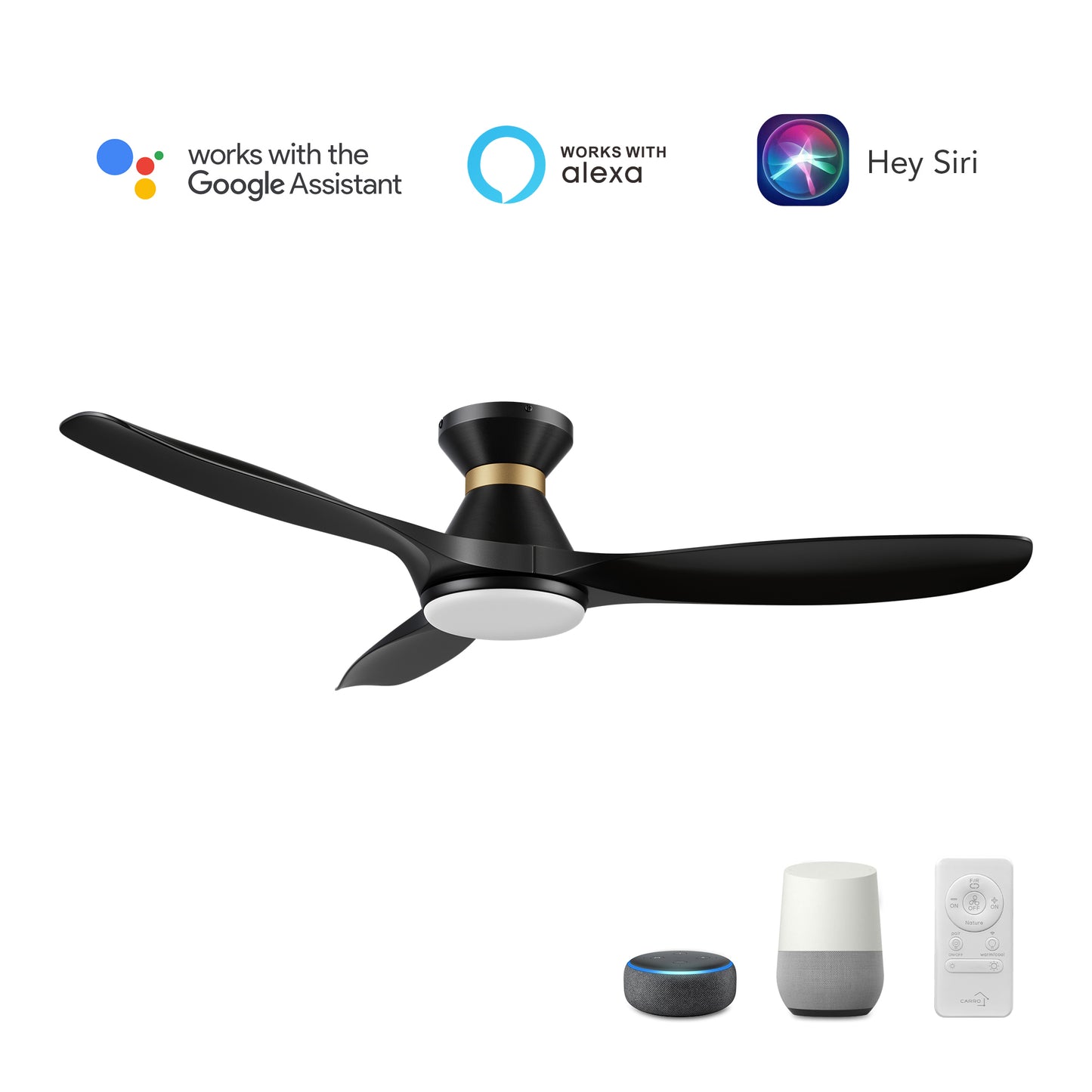 Merton 52 inch 3-Blade Smart Ceiling Fan with LED Light & Remote Control - Black