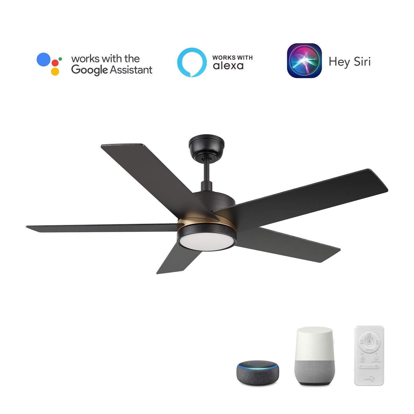 Ledger 52 inch 5-Blade Smart Ceiling Fan with LED Light & Remote Control - Black/Black (Gold Detail)