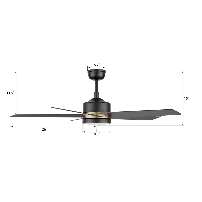 Ledger 52 inch 5-Blade Smart Ceiling Fan with LED Light & Remote Control - Black/Black (Gold Detail)