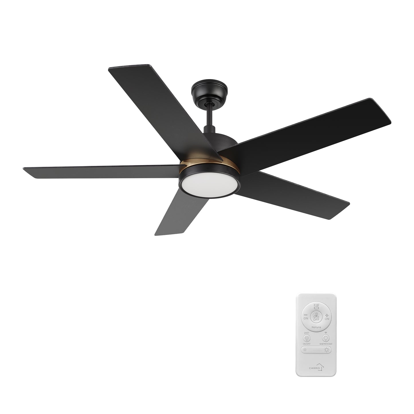 Ledger 52 inch 5-Blade Smart Ceiling Fan with LED Light & Remote Control - Black/Black (Gold Detail)