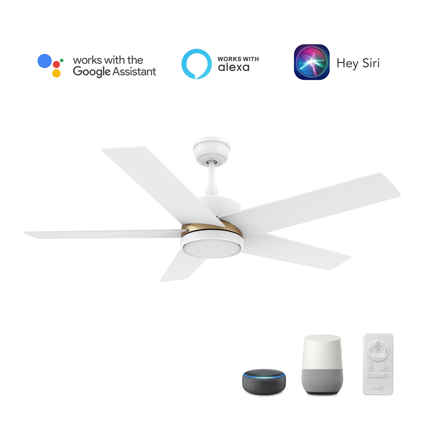 Ledger 52 inch 5-Blade Smart Ceiling Fan with LED Light & Remote Control - White/White (Gold Detail)