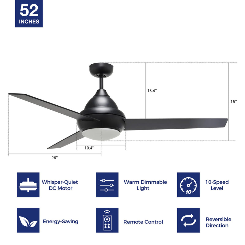 KENDRICK 52 inch 3-Blade Ceiling Fan with LED Light Kit & Remote Control - Black/Black