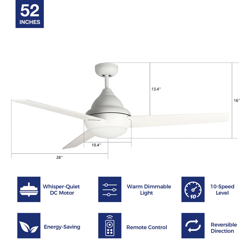 Carro USA KENDRICK 52 inch 3-Blade Ceiling Fan with LED Light Kit & Remote Control - White/White