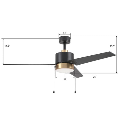 Carro USA EMPIRE 52 inch 3-Blade Ceiling Fan with Pull Chain - Black/Gold