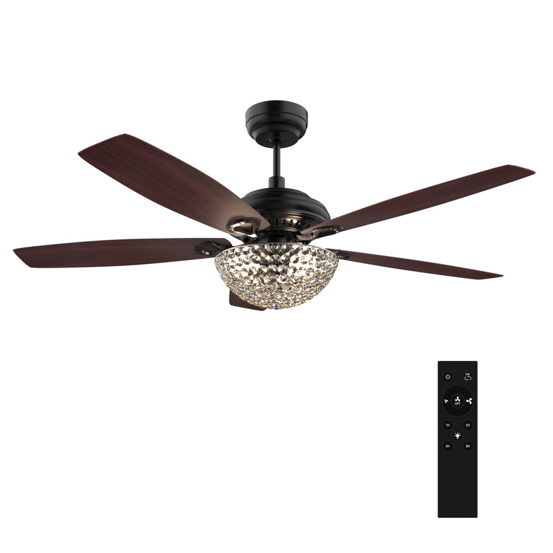 Carro USA HUNTLEY 52 inch 5-Blade Crystal Smart Ceiling Fan with Light & Remote Control - Black/Rosewood fan blades