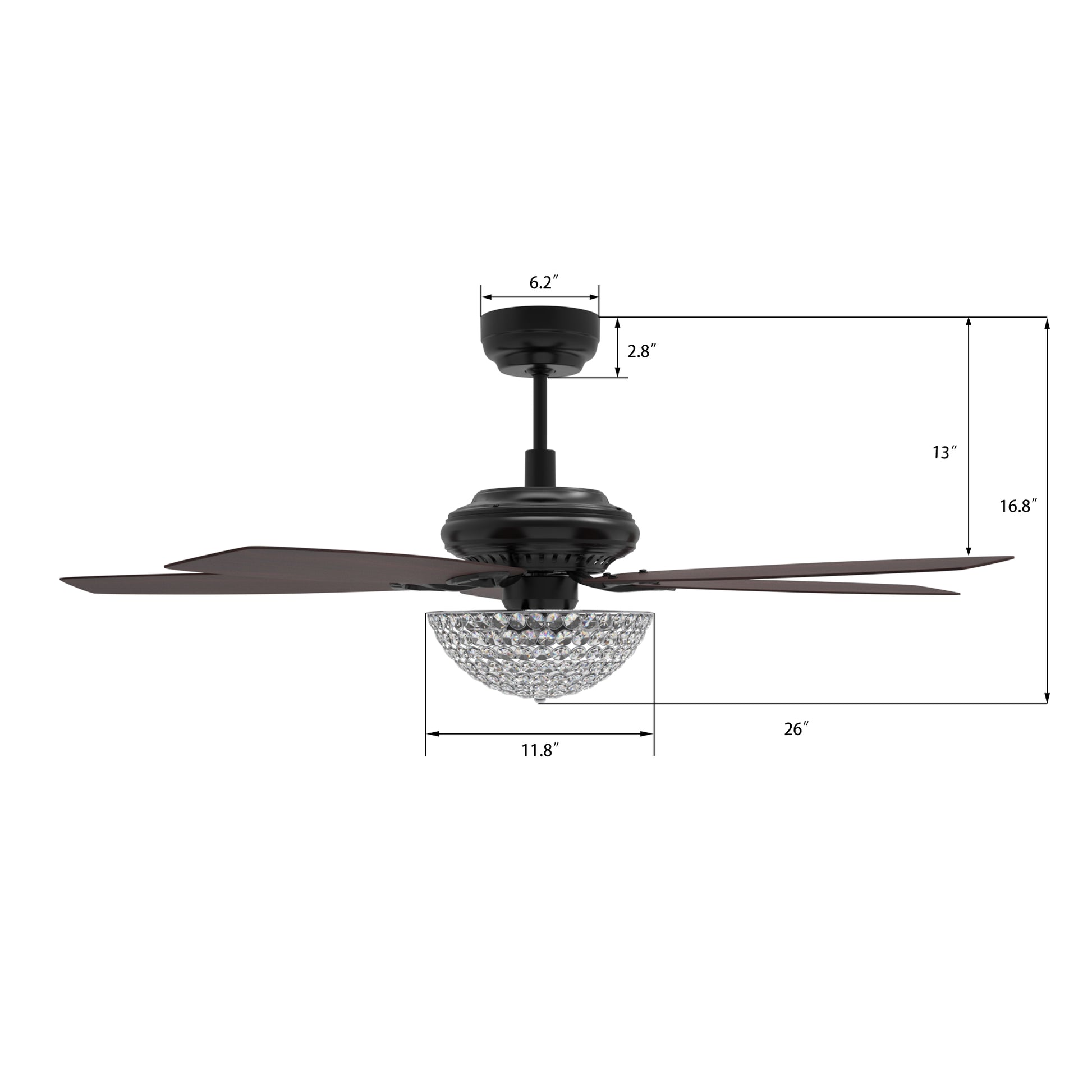 Carro USA HUNTLEY 52 inch 5-Blade Crystal Smart Ceiling Fan with Light & Remote Control - Black/Rosewood fan blades