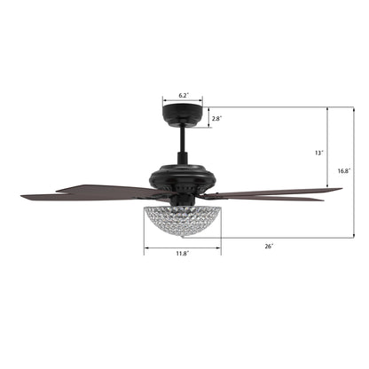 Carro USA HUNTLEY 52 inch 5-Blade Crystal Smart Ceiling Fan with Light & Remote Control - Black/Rosewood fan blades