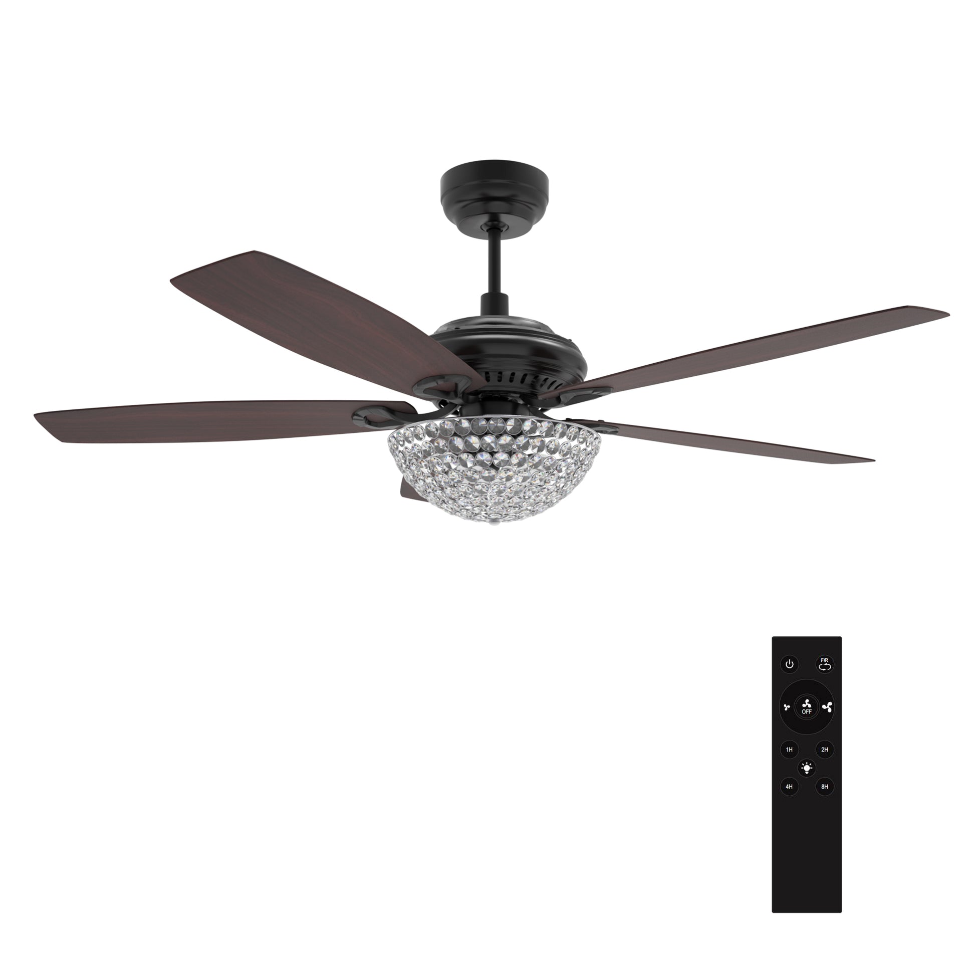 Carro USA HUNTLEY 52 inch 5-Blade Crystal Smart Ceiling Fan with Light & Remote Control - Black/Rosewood fan blades