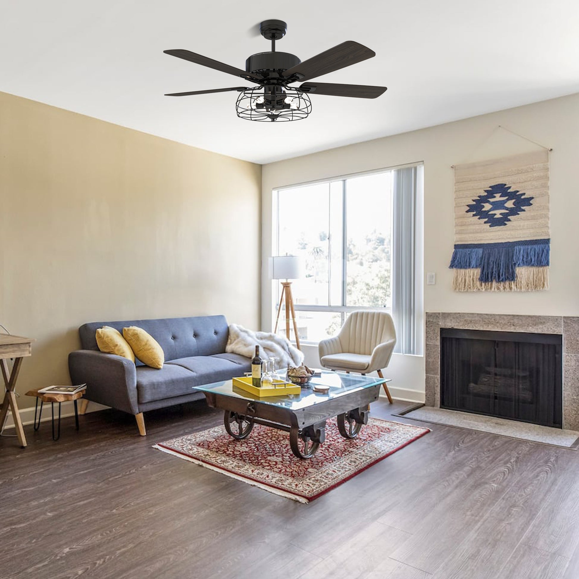 Carro USA MAVERICK 52 inch 5-Blade Industrial Style Ceiling Fan with Light & Remote Control - Black/Walnut Wood fan blades