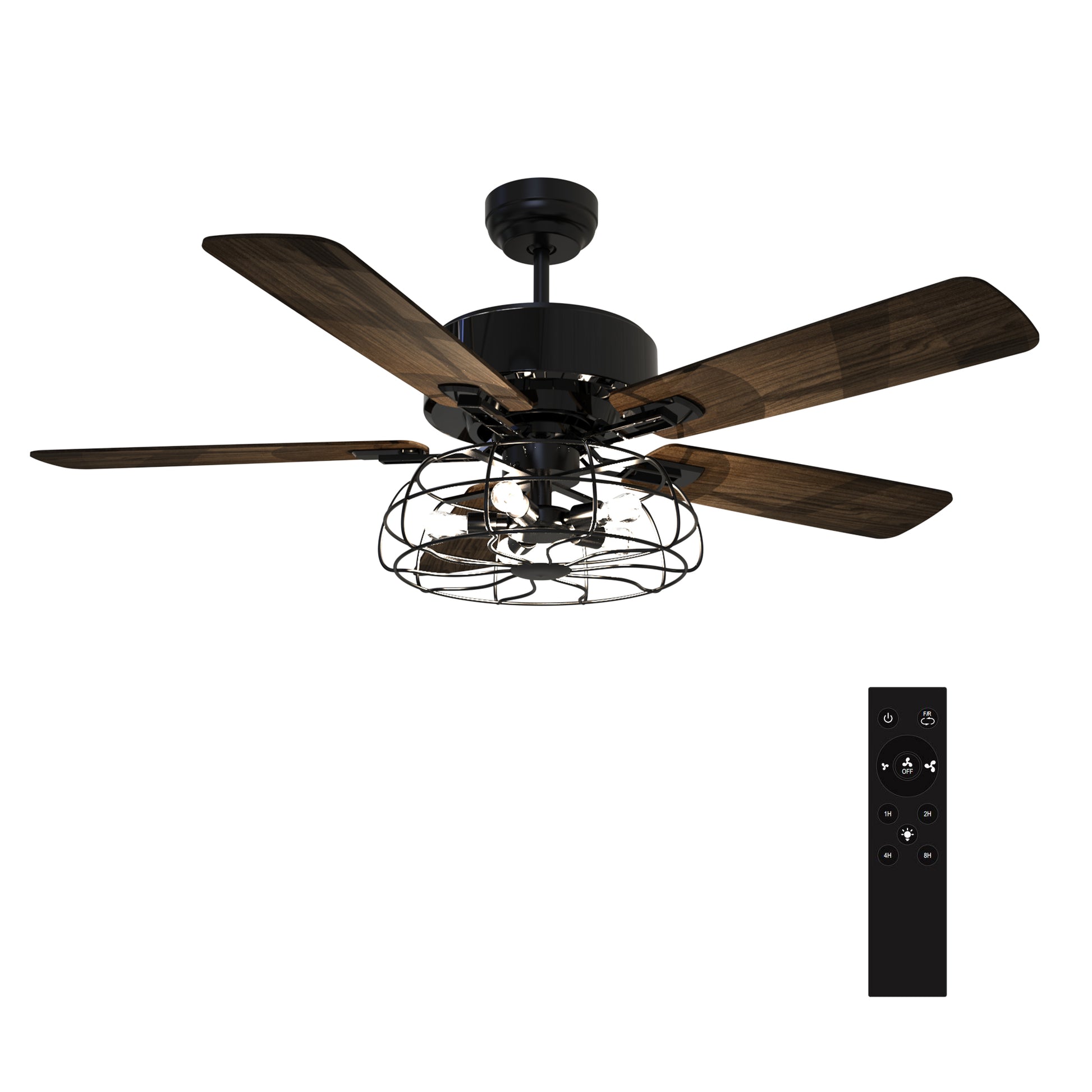 Carro USA MAVERICK 52 inch 5-Blade Industrial Style Ceiling Fan with Light & Remote Control - Black/Walnut Wood fan blades