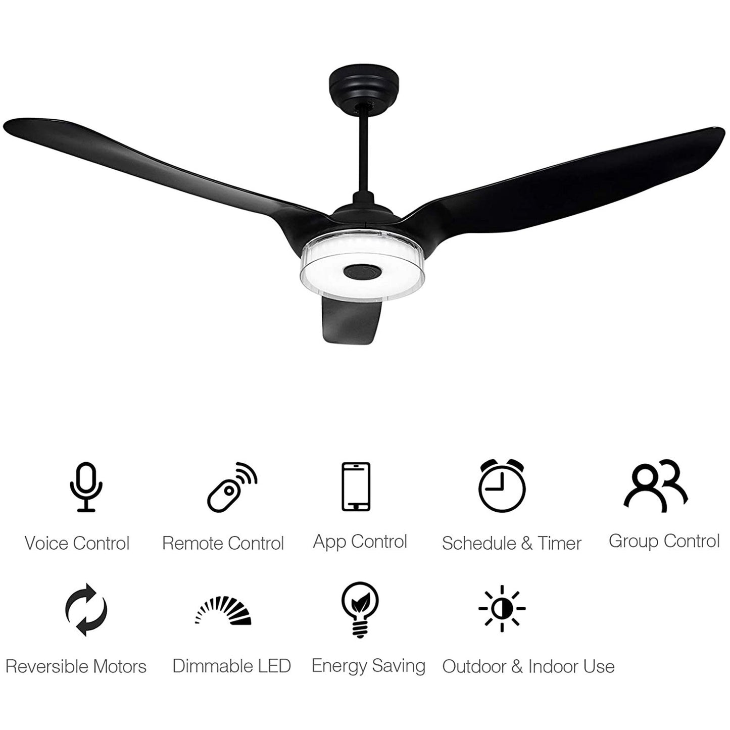 Carro FLETCHER 60 inch 3-Blade Smart Ceiling Fan with LED Light Kit & Remote - Black/Black