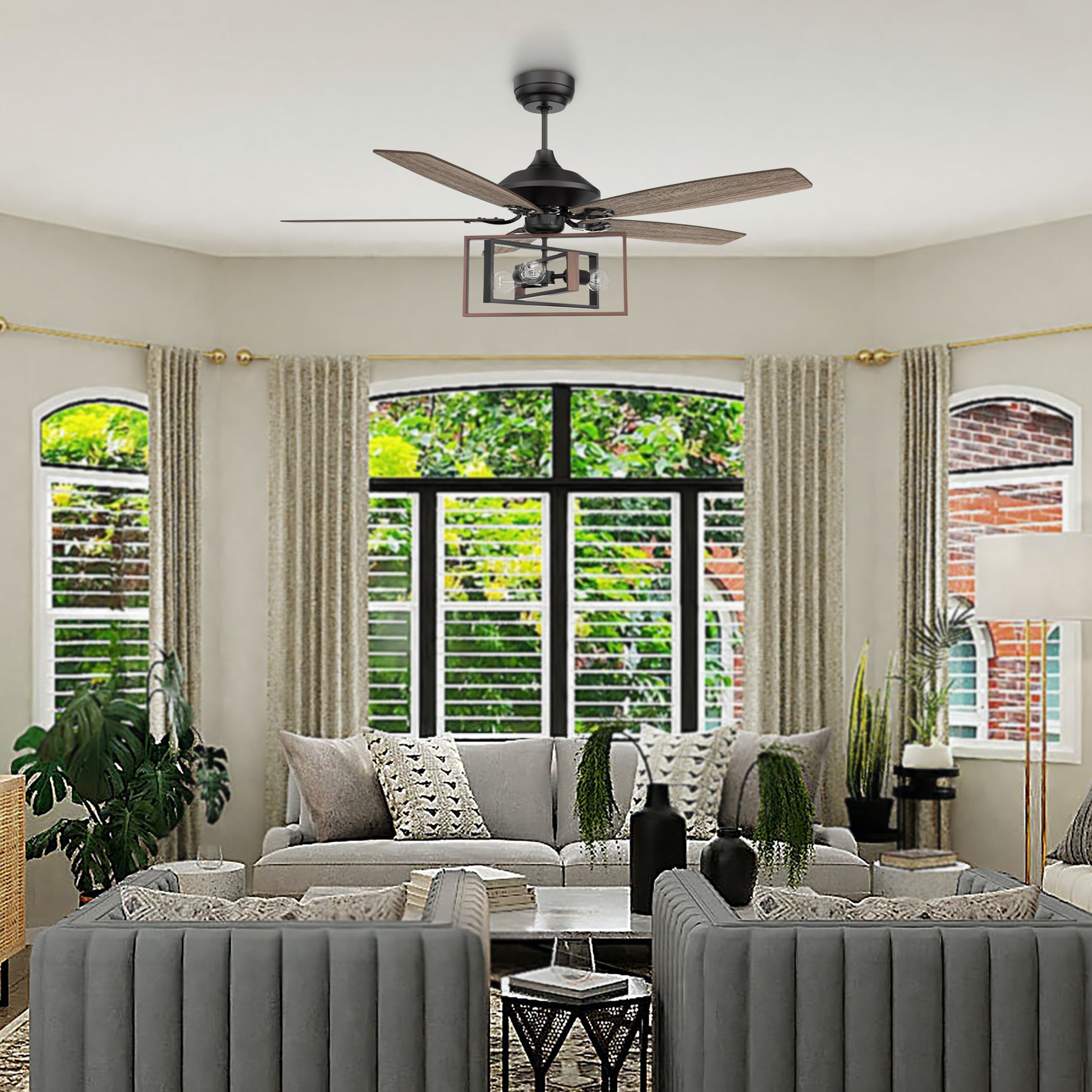 Carro KARSON 52 inch 5-Blade Ceiling Fan with Light & Remote, Industrial Cage - Black/Dark Wood (Reversible Blades)