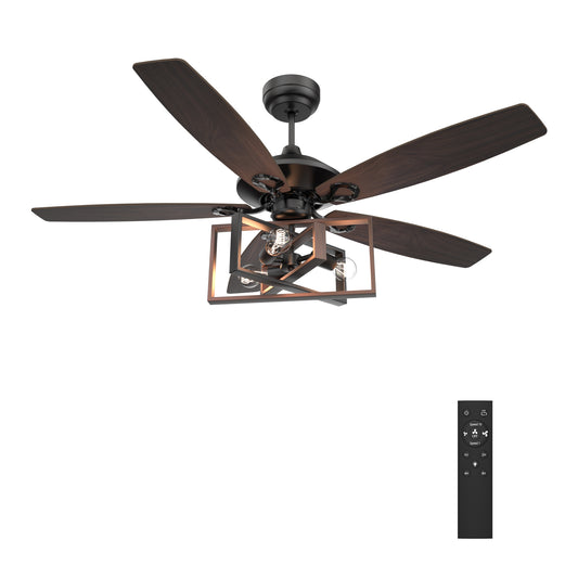 Carro KARSON 52 inch 5-Blade Ceiling Fan with Light & Remote, Industrial Cage - Black/Dark Wood (Reversible Blades)