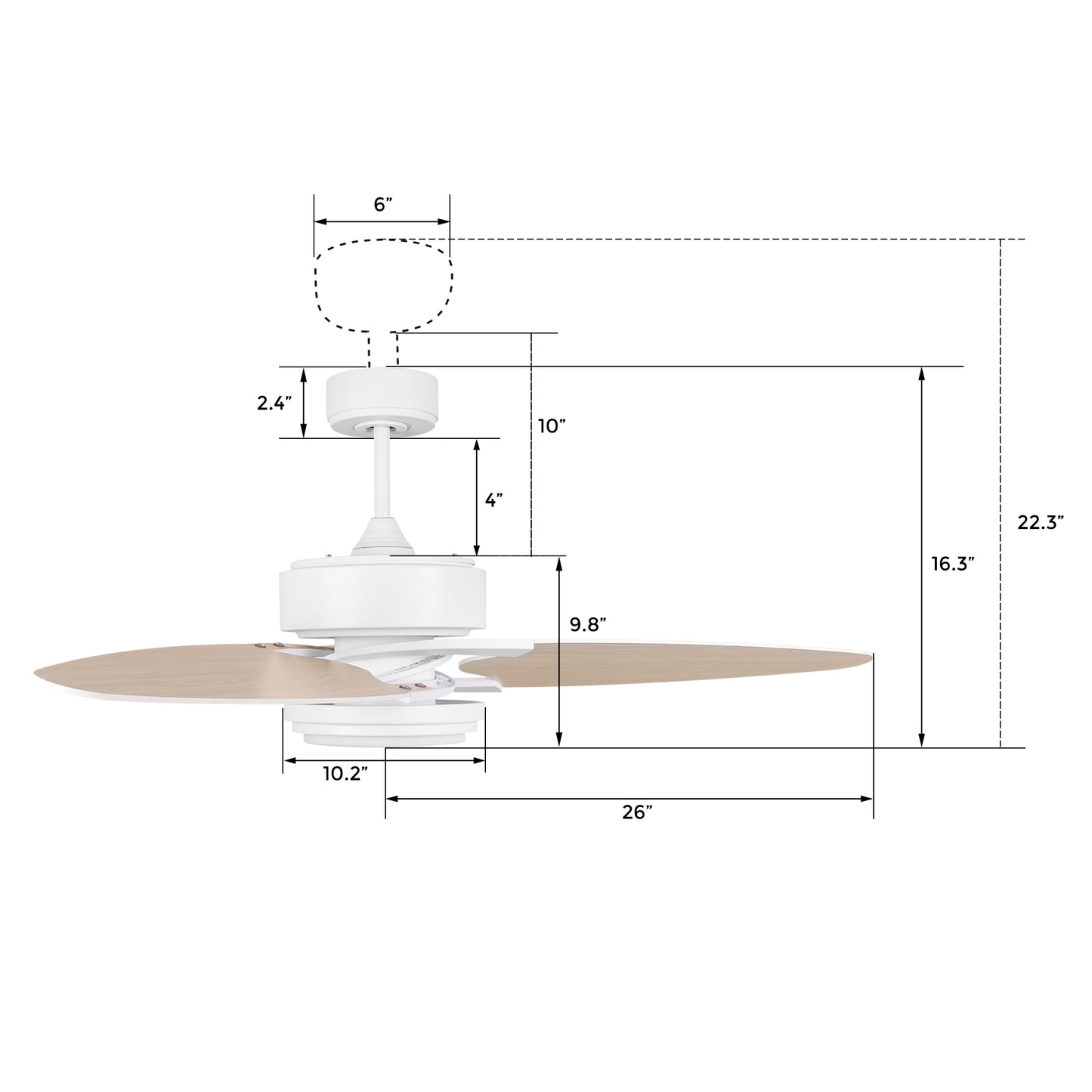 Carro MADDOX 52 inch 3-Blade Ceiling Fan with LED Light Kit & Remote Control - White/Light Wood