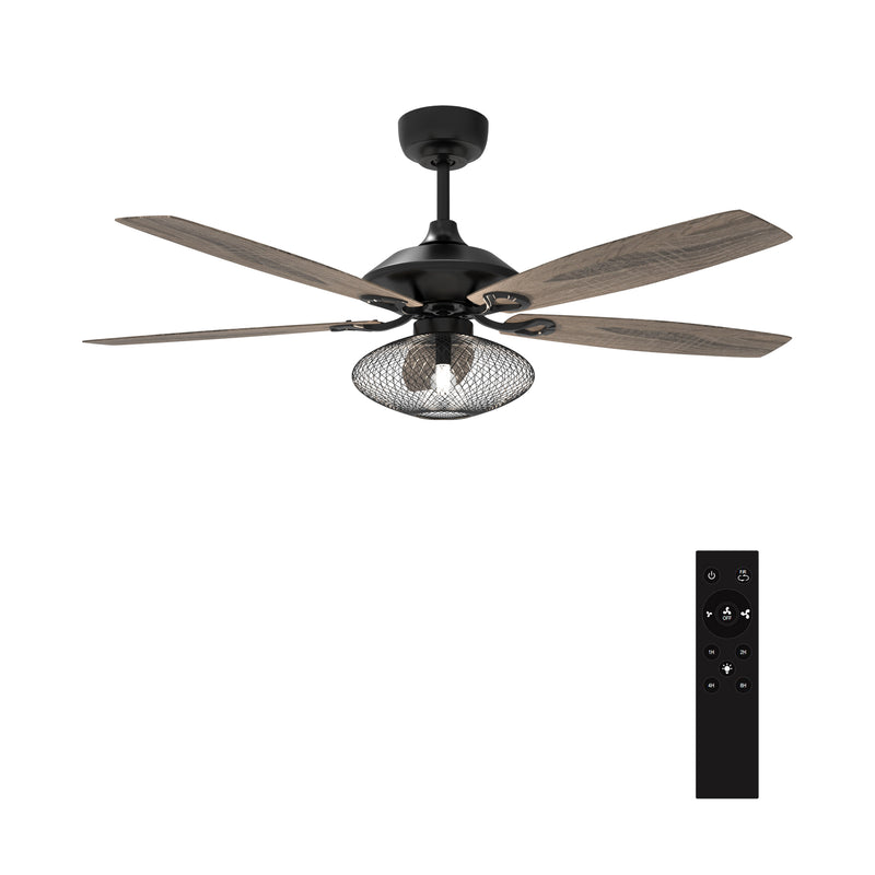 Carro KARSON 52 inch 5-Blade Ceiling Fan with Light & Remote, Vintage Mesh Cage - Black/Wood (Reversible Blades)
