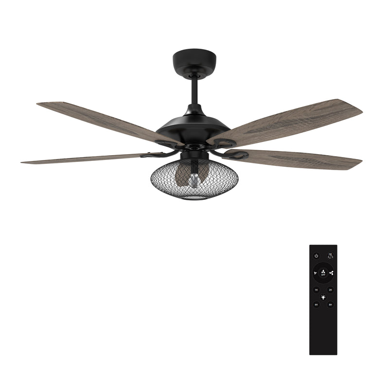 Carro KARSON 56 inch 5-Blade Ceiling Fan with Light & Remote, Vintage Mesh Cage - Black/Wood (Reversible Blades)