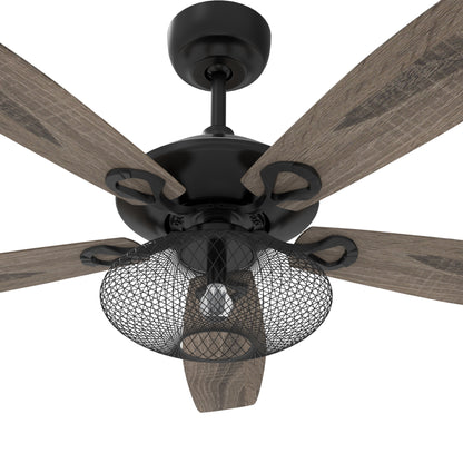 Carro KARSON 56 inch 5-Blade Ceiling Fan with Light & Remote, Vintage Mesh Cage - Black/Wood (Reversible Blades)