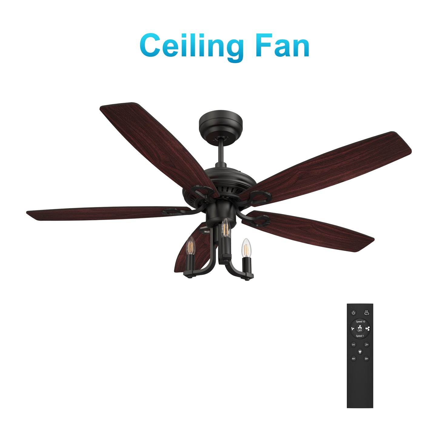 Carro HUNTLEY 52 inch 5-Blade Vintage Candelabra Ceiling Fan with Light & Remote Control - Black/Brown Wood & Rosewood (Reversible Blades)