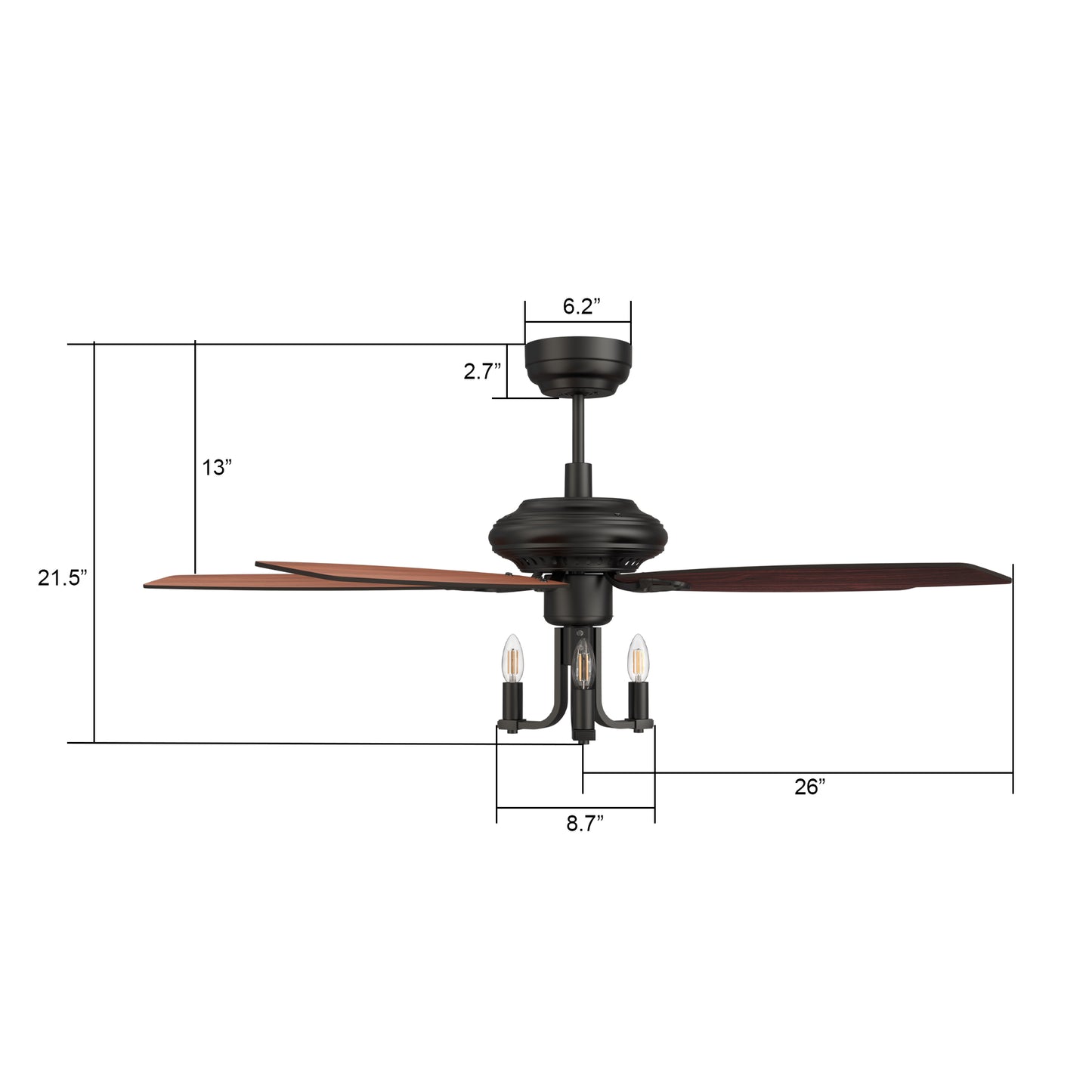 Carro HUNTLEY 52 inch 5-Blade Vintage Candelabra Ceiling Fan with Light & Remote Control - Black/Brown Wood & Rosewood (Reversible Blades)